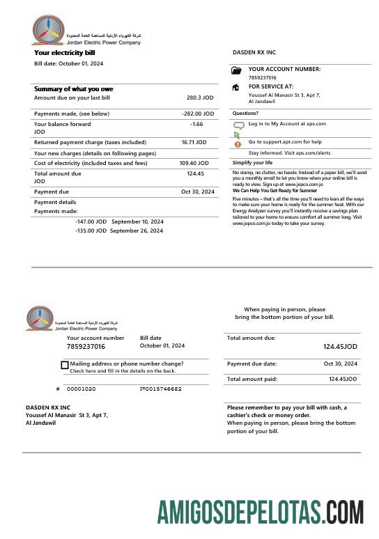 imprimível Jordan Jordanian Electric Power Co JEPCO Electricity Business Utility Bill Modelo em formatos Word e PDF